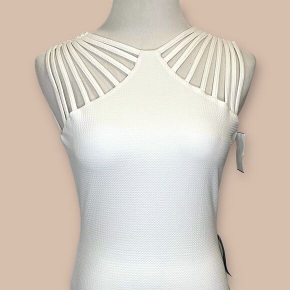 Dress The Population NWT Ivory Gwen Bodycon Midi Dress Strap Detail Stretchy M - Picture 3 of 14